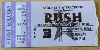 1979 Rush Box Office Concert Ticket Stub San Antonio Convention Center Tx 3/3/79