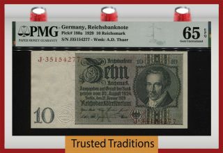 Tt Pk 180a 1929 Germany Reichsbanknote 10 Reichsmark Pmg 65q Gem Uncirculated