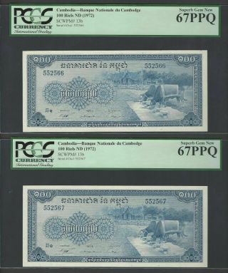 Cambodia 2 Notes 100 Riels Nd (1972) P13b Uncirculated Graded 67