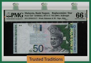 Tt Pk 43d Nd (2001) Malaysia 50 Ringgit Replacement / Star Pmg 66 Epq Gem Unc