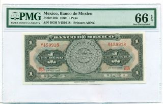 Mexico 1969 1 Peso Bank Note Aztec Calendar Gem Unc 66 Epq Pmg