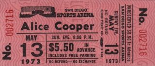 Alice Cooper 1973 Billion Dollar Babies Tour San Diego Ticket / Nmt 2 Mnt