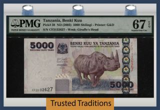 Tt Pk 38 Nd (2003) Tanzania 5000 Shilingi Rhinoceros Pmg 67 Epq Gem Unc