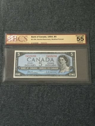 1954 $5 Bank Of Canada Banknote Beattie - Rasminsky Bcs Graded Au 55