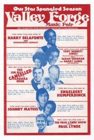 1971 Valley Forge Music Fair Flyer - Harry Belafonte Tom Jones Tony Bennett - Lynde