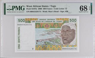 Togo West African State 500 Francs 2000 P 810 Tk Gem Unc Pmg 68 Epq Top