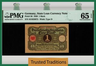 Tt Pk 58 1920 Germany State Loan Currency 1 Mark Pmg 65 Epq Gem Century Old