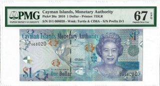 Cayman Islands $1 Dollar 2010,  P - 38a A/1 Prefix,  Pmg 67 Epq Gem Unc Qeii