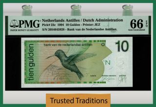 Tt Pk 23c 1994 Netherlands Antilles Dutch Admin 10 Gulden Pmg 66 Epq Gem Unc