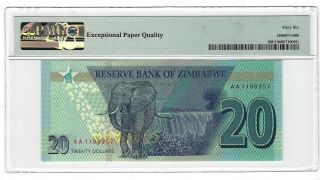 P - UNL 2019 20 Dollars,  Zimbabwe,  Reserve Bank,  PMG 66EPQ GEM, 2