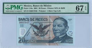Mexico 20 Pesos 17.  May 2001 Pmg 67 Epq Serie B S/n D 6031946 Polymer