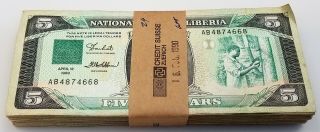 1989 National Bank Of Liberia Banknote 100 Pc Bundle Circulated.