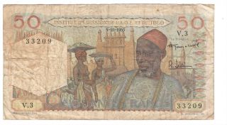 French West Africa Togo 50 Francs Vf Banknote (1955) P - 44 V.  3 Prefix