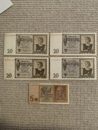 1939 German Reichsbanknote 20 Reichsmark 4x 1 X5 Reichsbanknote