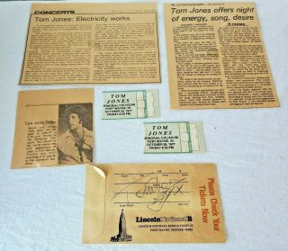2 1977 Tom Jones Ticket Stubs Envelope Autographed Signed,  Newspaper Review