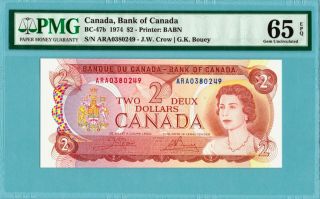 1974 Bank Of Canada $2 Banknote,  Pmg Gem Unc - 65 Epq
