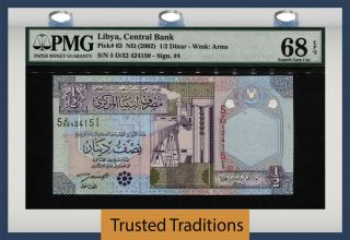 Tt Pk 63 Nd (2002) Libya Central Bank 1/2 Dinar Pmg 68 Epq Tied As Best