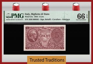 Tt Pk 31c 1944 Italy Biglietto Di Stato 5 Lire Pmg 66 Epq Wwii Banknote Gem Unc