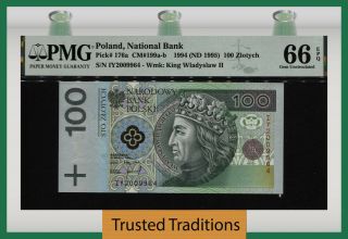Tt Pk 176a 1994 Poland National Bank 100 Zlotych Pmg 66 Epq Gem Uncirculated