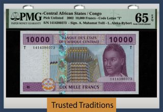 Tt Pk Unl 2002 Central African States / Congo 10000 Francs Pmg 65 Epq Gem Unc