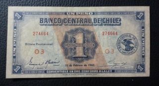 Chile Banknote 1 Peso (1/10 Condor) Pick 89 Xf 1942 - Series O3