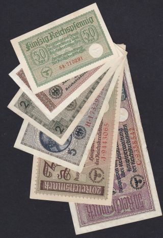 Germany 0.  50,  1,  2,  5,  20,  50 Reichsmark 1940 - 1945,  Set 6 Bank. ,  Xf - Au (8)