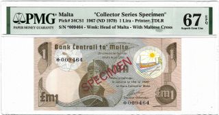 Malta Bank Centrali 1 Lira 1967 (1979),  P - 34 Cs1 Specimen,  Pmg 67 Epq Unc