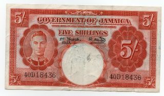 1953 Jamaica 5 Shillings Banknote Pick 37b 40d18436 Some Blue Ink Transfer