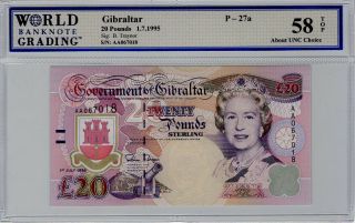 Gibraltar 20 Pounds Dated 1995 Pick27a Wbg 58 Top About Uncirculated Choice