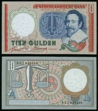 1953 Netherlands 10 Gulden Banknote Pick 85 Hugo De Groot Crisp Uncirculated
