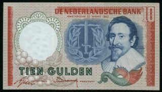 1953 Netherlands 10 Gulden Banknote Pick 85 Hugo de Groot Crisp Uncirculated 2