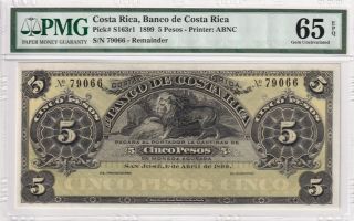 1899 Costa Rica 5 Pesos P - S163r1 S/n 79066 Pmg 65 Epq Gem Unc