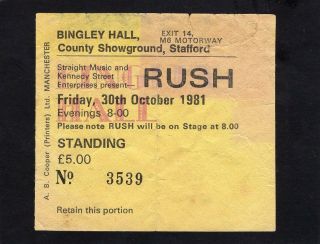 1981 Rush Concert Ticket Stub Bingley Stafford Uk Moving Pictures Tom Sawyer