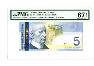 2010 $5 Bank Of Canada Pmg 67 Epq Bc - 67b - I Banknote Jenkins Carney - Gem