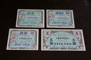 Japan.  Amc,  Wwii Series B.  10,  50 Sen 1,  5 Yen All Uncirculated 4 Notes