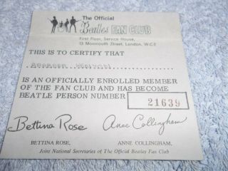 The Beatles Early Fan Club Membership Card No.  21639 Subscription Paid 1963 - 64