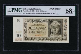 1942 Bohemia & Moravia " Specimen " 10 Korun Pick 8s Pmg 58 Epq Choice About Unc