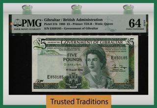 Tt Pk 21b 1988 Gibraltar 5 Pounds Queen Elizabeth Ii Pmg 64 Epq Choice Unc.