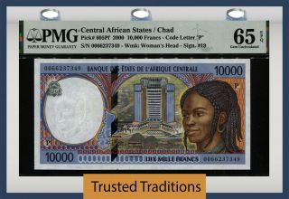Tt Pk 605pf 2000 Central African States / Chad 10000 Francs Pmg 65 Epq Gem Unc