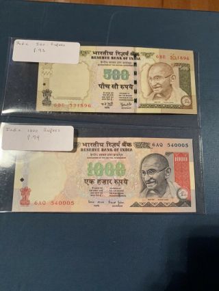 India 1000 500 Rupees,  Nd 2000 P - 94 93 First Print Gandhi Unc