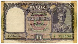 India British 1943 King George Vi 10 Rupees Note Crisp Vf.  Pick 24.