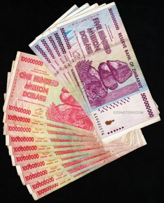 5 X 500 Million,  10 X 100 Million Zimbabwe Dollars Bank Notes Aa 2008 15pcs Set