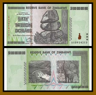 Zimbabwe 50 Trillion Dollars 2008 Aa Banknote Gem Unc 100 Trillion Series