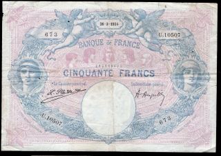 50 Francs Bleu Et Rose 1924 Crispy Vg/fine