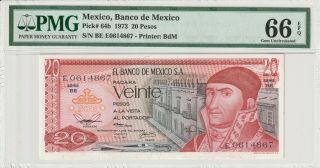Pmg Certified Mexico 1973 20 Pesos Banknote Unc 66 Epq Gem Pick 64b