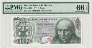 Pmg Certified Mexico 1977 10 Pesos Banknote Unc 66 Epq Gem Pick 63i