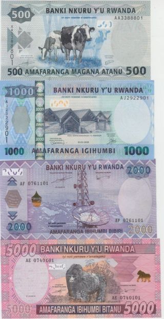 Rwanda Banknote P38 - 41 (2008 - 14) Full Set 500 - 1000 - 2000 - 5000 Francs,  4 Val.  Unc