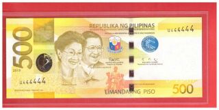 U 444444 2019 Philippines 500 Peso Ngc Duterte Diokno Solid Single Prefix Unc