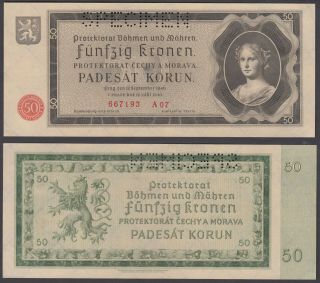 Bohemia & Moravia 50 Korun 1940 Unc Crisp Specimen Banknote P - 5s