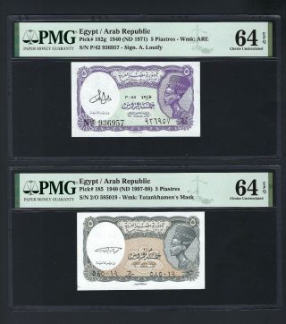 Egypt 2 Notes 5 Piastres 1940 (nd1971/1997) P182g - 185 Uncirculated Grade 64